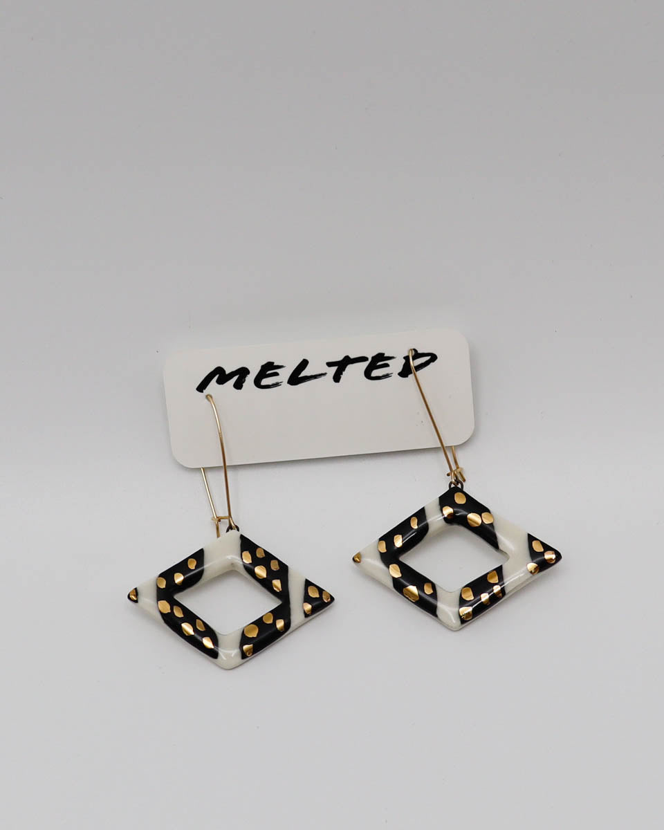 Earrings 18k gold filled kidney wire porcelain diamond black and white