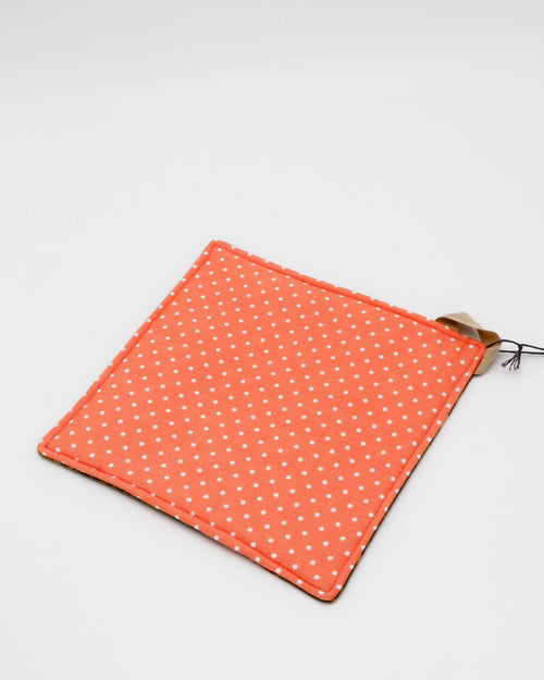 7x7" Pot Holder/Hot Pad: Pink/brown mushroom/moth front, pink w/ white polka dots back