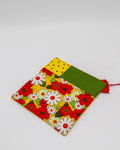 7x7" Pot Holder/Hot Pad: Red/yellow floral, green, yellow w/ red polka dots 3-panel front, yellow w/ red polka dots back