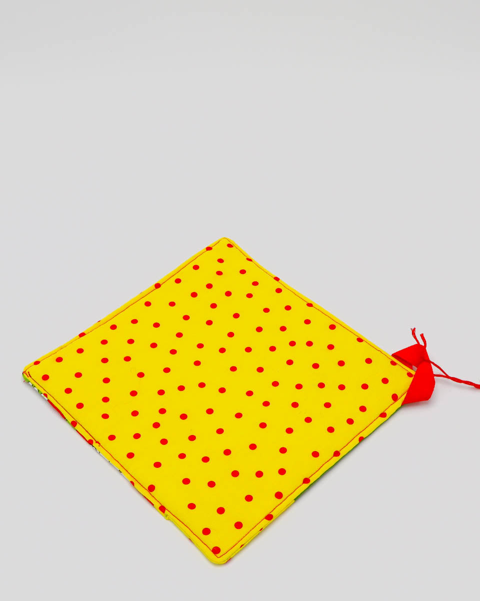 7x7" Pot Holder/Hot Pad: Red/yellow floral, green, yellow w/ red polka dots 3-panel front, yellow w/ red polka dots back