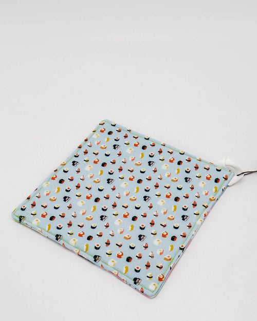 7x7" Pot Holder/Hot Pad: Cats/sushi 3-panel front, sushi back