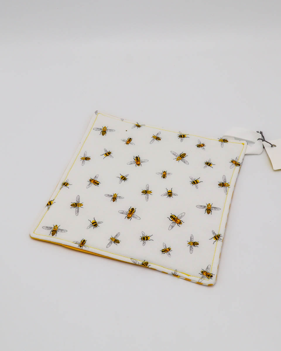7x7" Pot Holder/Hot Pad: Yellow, yellow chevron, kitchen 3-panel front, bees back