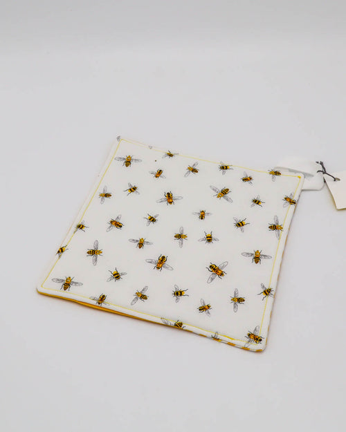 7x7" Pot Holder/Hot Pad: Yellow, yellow chevron, kitchen 3-panel front, bees back