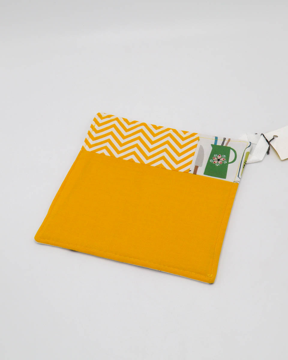 7x7" Pot Holder/Hot Pad: Yellow, yellow chevron, kitchen 3-panel front, bees back
