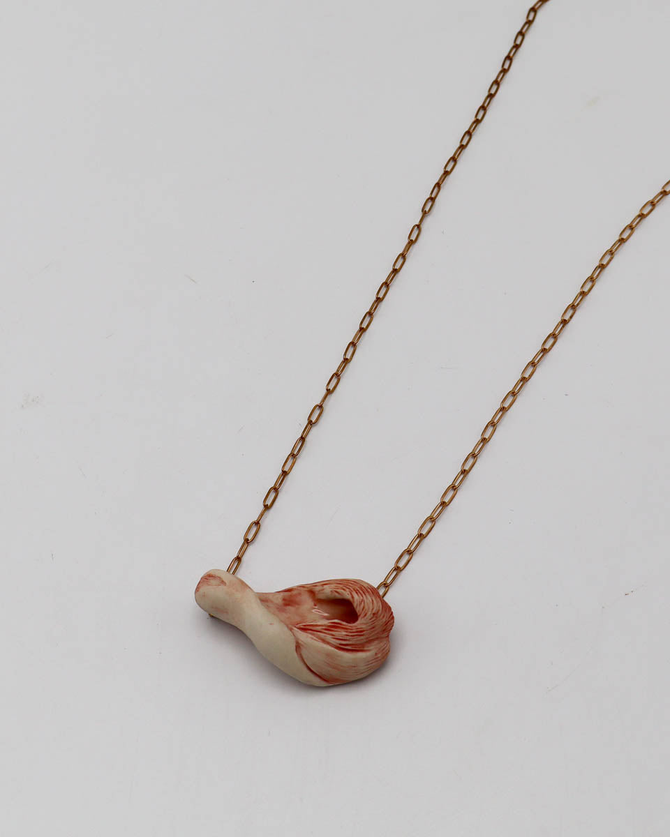 20 Inch Brass necklace organic porcelain pendant  red