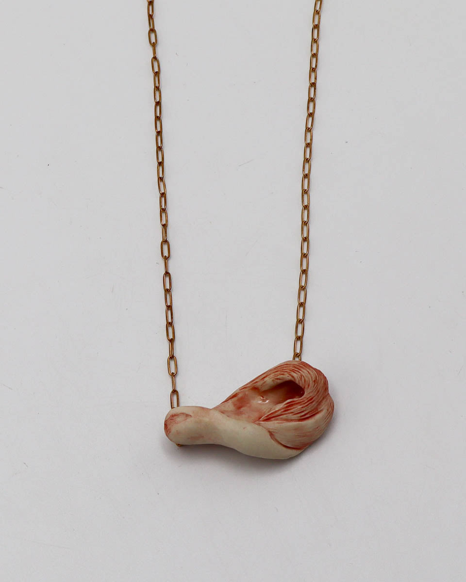 20 Inch Brass necklace organic porcelain pendant  red