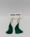 Earrings 18k gold hoop with clasp round porcelian and fringe green