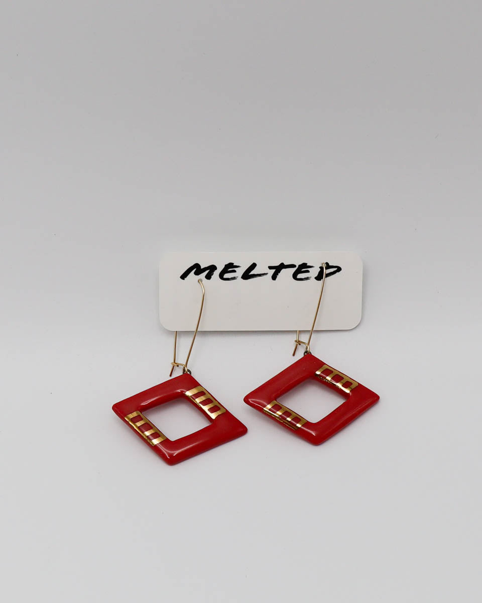 Earrings 18k gold filled kidney wire porcelain diamond red
