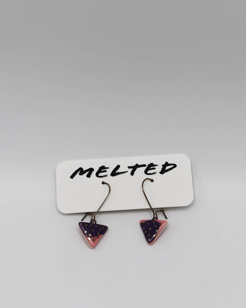 Earrings 18k gold filled wire mini triangle pink and purple